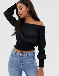 Плиссированный топ со спущенными плечами и сборками ASOS DESIGN-Черный