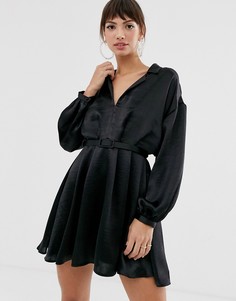 Свободное атласное платье-рубашка мини с поясом ASOS DESIGN-Черный
