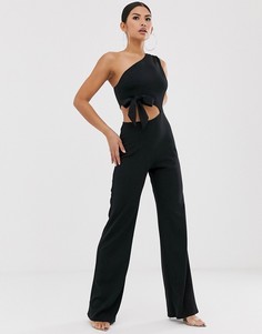 Комбинезон на одно плечо с вырезом, бантом и широкими штанинами ASOS DESIGN-Черный
