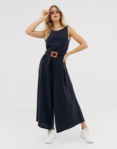 Мягкий джинсовый комбинезон с широкими штанинами и поясом ASOS DESIGN-Синий