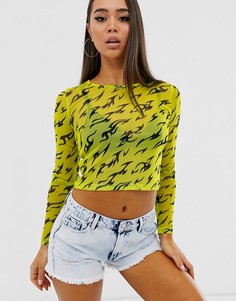 Зеленый сетчатый лонгслив с принтом ASOS DESIGN