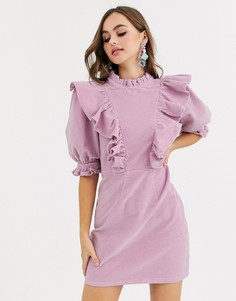 Вельветовое платье мини с высоким воротом и пышными рукавами ASOS DESIGN-Мульти