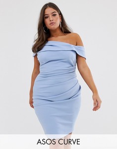 Фактурное платье миди с открытыми плечами ASOS DESIGN Curve-Синий
