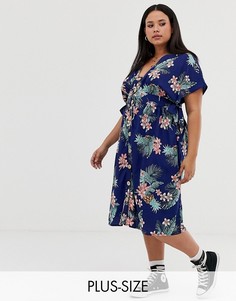 Платье миди на пуговицах с тропическим цветочным принтом Influence Plus-Оранжевый