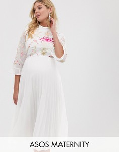 Плиссированное платье миди с вышивкой и расклешенными рукавами ASOS DESIGN Maternity-Белый