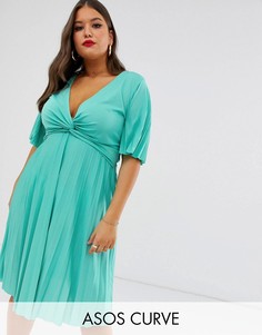 Плиссированное платье миди с широкими рукавами ASOS DESIGN Curve-Зеленый