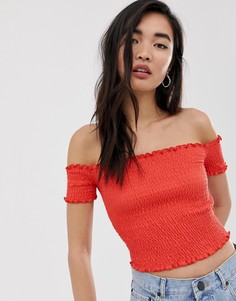 Оранжевый топ с открытыми плечами и сборками Stradivarius