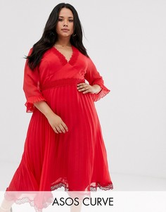 Платье миди с плиссировкой и кружевными вставками ASOS DESIGN Curve-Красный