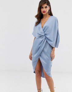 Атласное платье миди с асимметричными рукавами-кимоно ASOS DESIGN-Синий