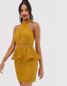 Платье мини с высоким воротом и кружевом ASOS DESIGN-Золотой