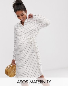 Хлопковое платье-рубашка мини в горошек с поясом ASOS DESIGN Maternity-Мульти