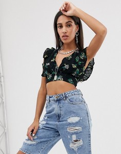 Укороченная блузка с цветочным принтом Bershka-Черный