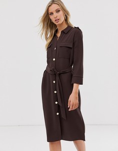 Платье-рубашка шоколадного цвета с поясом River Island-Коричневый