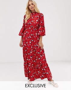 Платье макси с вырезом под горло с цветочным принтом Vila-Красный