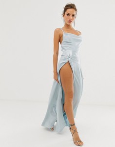 Атласное платье макси со свободным воротом и разрезом до бедра ASOS DESIGN-Серый