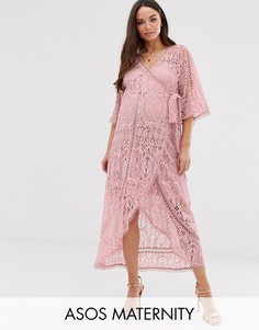 Кружевное платье миди с запахом ASOS DESIGN Maternity-Розовый