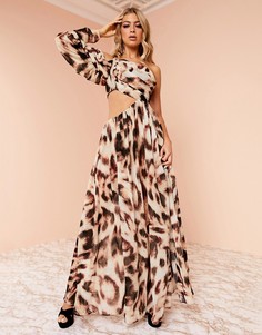 Платье макси с леопардовым принтом, драпированными рукавами и разрезом ASOS DESIGN Luxe-Мульти