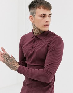 Поло в рубчик бордового цвета обтягивающего кроя с длинным рукавом ASOS DESIGN-Красный