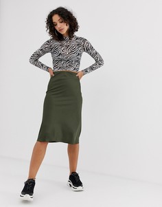 Атласная юбка-комбинация косого кроя цвета хаки River Island-Зеленый
