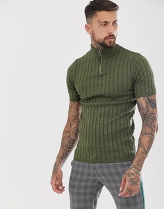 Футболка в рубчик цвета хаки с молнией ASOS DESIGN-Зеленый