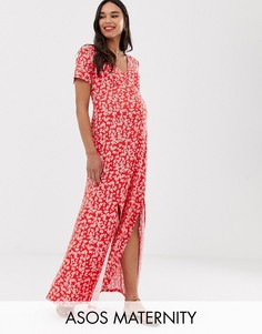 Чайное платье макси на пуговицах с разрезами и цветочным принтом ASOS DESIGN Maternity-Мульти
