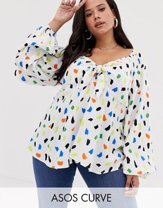 Топ с длинными объемными рукавами и принтом ASOS DESIGN Curve-Мульти