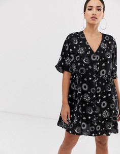 Свободное платье мини на пуговицах с V-образным вырезом и принтом ASOS DESIGN-Мульти