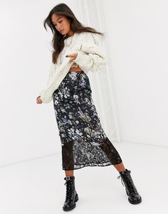 Атласная юбка миди без застежек с цветочным принтом и кружевом ASOS DESIGN-Мульти