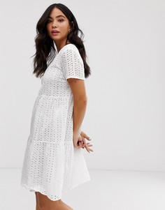 Свободное платье мини с вышивкой ришелье Pieces-Белый