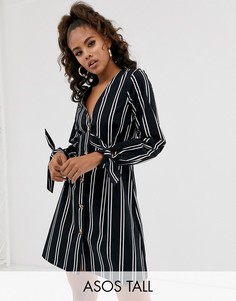 Короткое приталенное платье в полоску с пуговицами и завязками на рукавах ASOS DESIGN Tall-Мульти
