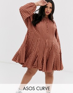 Платье-трапеция мини из жатой ткани в клетку ASOS DESIGN Curve-Мульти