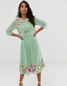 Двухслойное платье миди с вышивкой ASOS DESIGN-Зеленый
