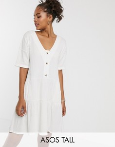 Фактурное свободное платье на пуговицах с ярусной юбкой ASOS DESIGN Tall-Белый