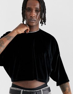 Свободная укороченная футболка из черного велюра ASOS DESIGN-Черный
