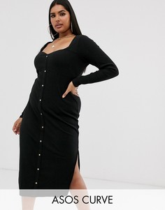Платье миди с вырезом сердечком и застежкой на кнопки ASOS DESIGN Curve-Черный