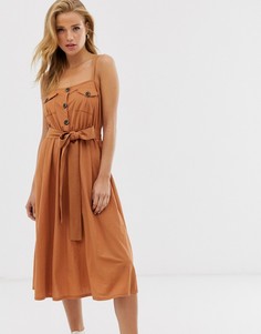 Сарафан миди в стиле милитари с поясом ASOS DESIGN-Коричневый