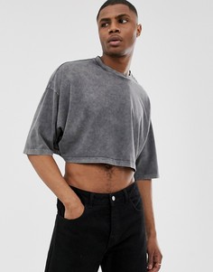 Укороченная oversize-футболка с рукавами до локтя и эффектом кислотной стирки ASOS DESIGN-Серый