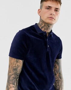 Длинная темно-синяя футболка-поло из велюра в рубчик ASOS DESIGN-Темно-синий