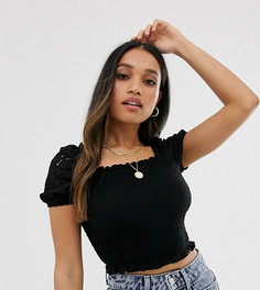 Черный топ со сборками и вышивкой ришелье на рукавах Miss Selfridge Petite