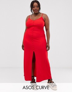 Фактурное платье макси на бретельках с пуговицами ASOS DESIGN Curve-Красный