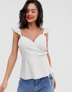 Топ с на бретелях с запахом из смесовой льняной ткани ASOS DESIGN-Белый