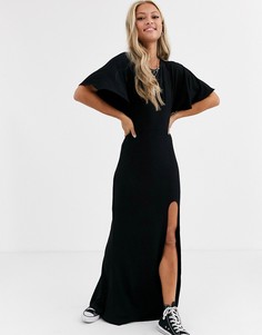 Платье макси с расклешенными рукавами, открытой спиной и высоким разрезом ASOS DESIGN-Черный