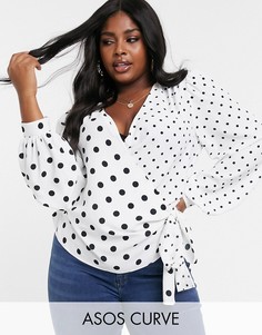 Топ с запахом в горошек и завязками на рукавах ASOS DESIGN Curve-Мульти