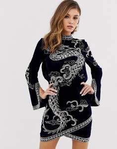 Бархатное платье мини с декорированным драконом ASOS DESIGN-Темно-синий