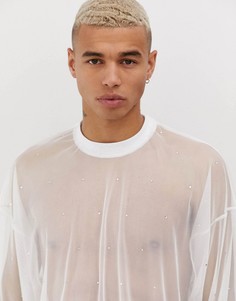 Сетчатая oversize-футболка с рукавами до локтя и отделкой ASOS DESIGN-Белый