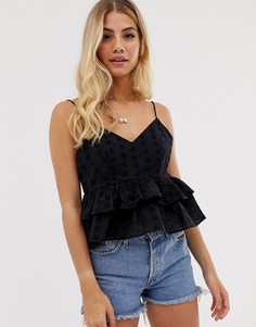 Укороченный летний топ на бретельках с оборками и вышивкой ришелье ASOS DESIGN-Черный