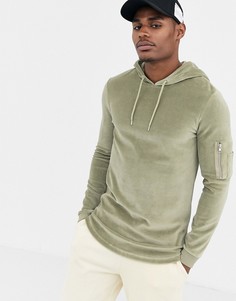Велюровый облегающий худи цвета хаки с карманом MA1 ASOS DESIGN-Зеленый