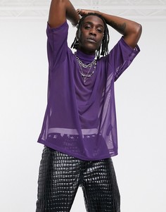 Oversize-футболка из ткани в мелкую сеточку с рукавами до локтя и высоким воротом ASOS DESIGN-Фиолетовый