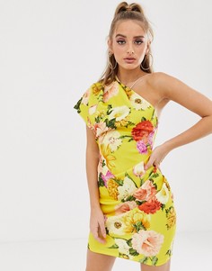Платье мини на одно плечо с цветочным принтом ASOS DESIGN-Желтый