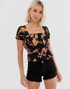 Блузка с квадратным вырезом и цветочным принтом Miss Selfridge-Черный